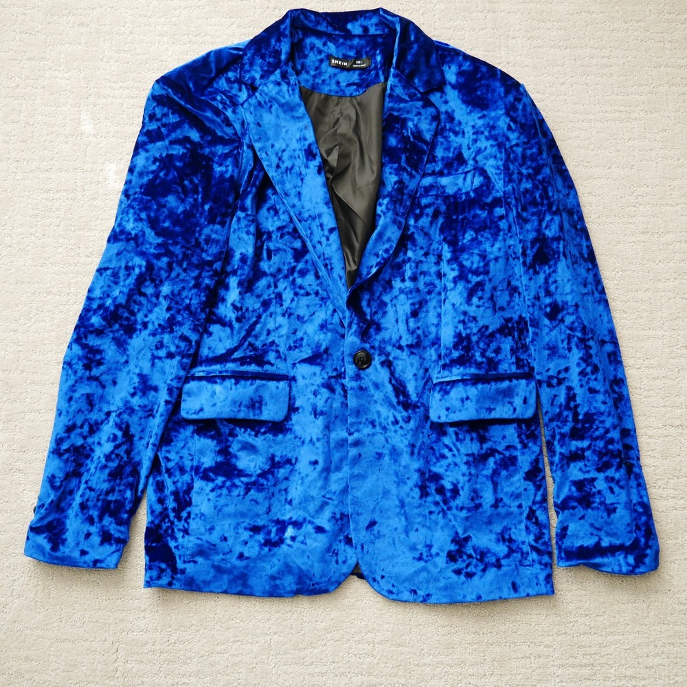 SHEIN Royal Blue Crushed Velvet Blazer Single Button Jacket Womens Large L